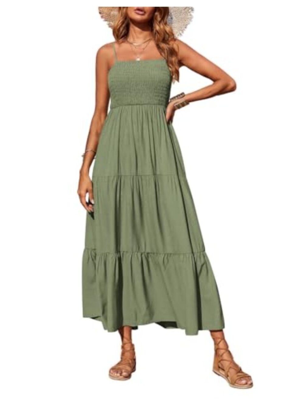 Women's Maxi Dress Boho Spaghetti Strap Smocked Tiered Flowy Summer Beach